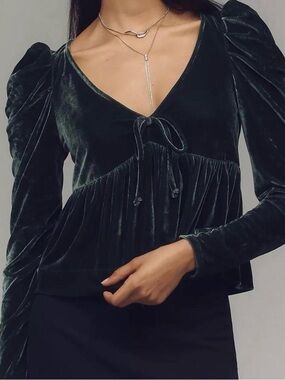 Anthropologie Dark Green Velvet Tie-Front Peplum Blouse